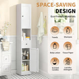 Tall Bathroom Storage Cabinet, 5-Tier Narrow With 2 Doors & Adjustable Shelves, Freestanding - White