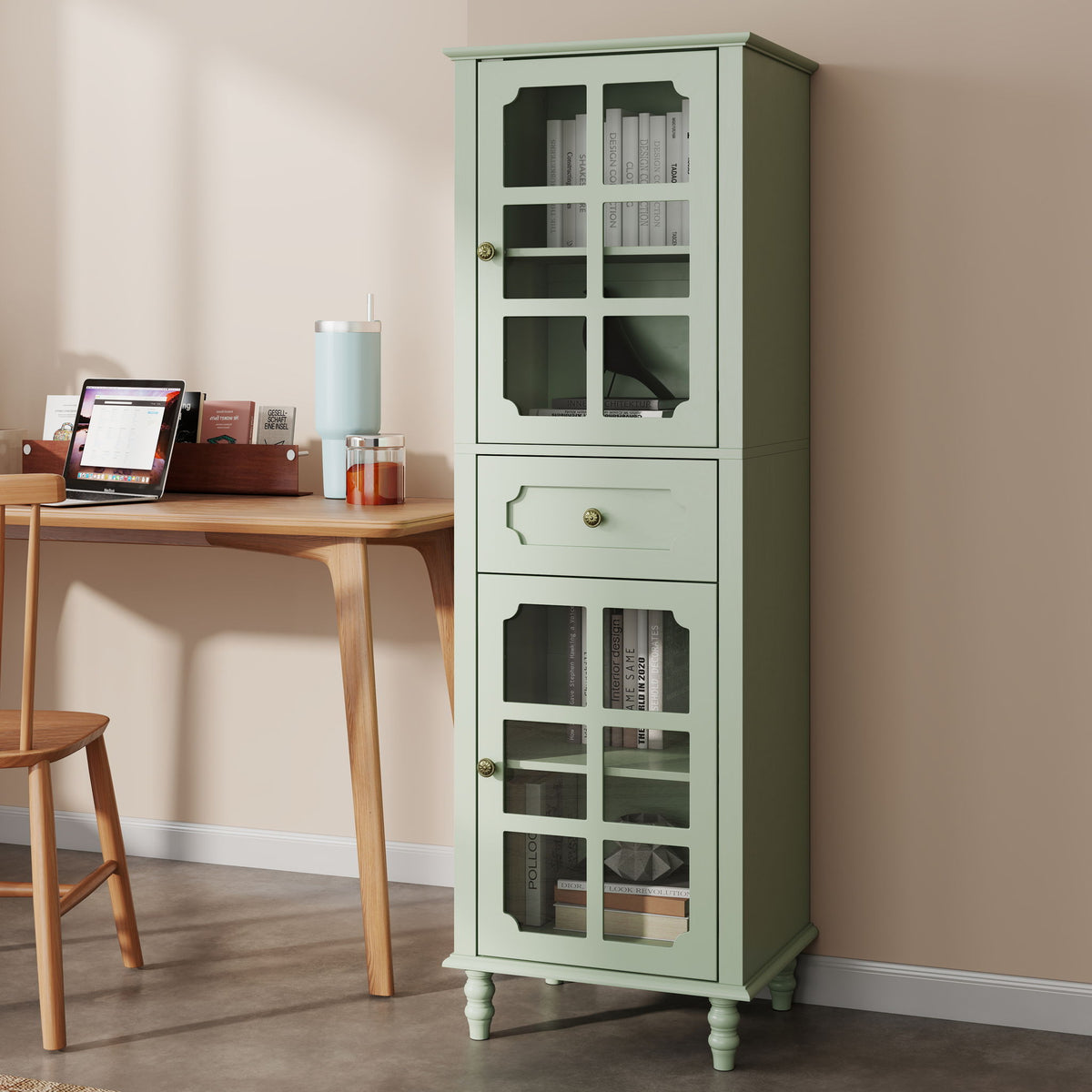 Storage Cabinet, Freestanding Curio Cabinet With Grid Doors & Drawer, Pantry Display Cabinet For Kitchen
