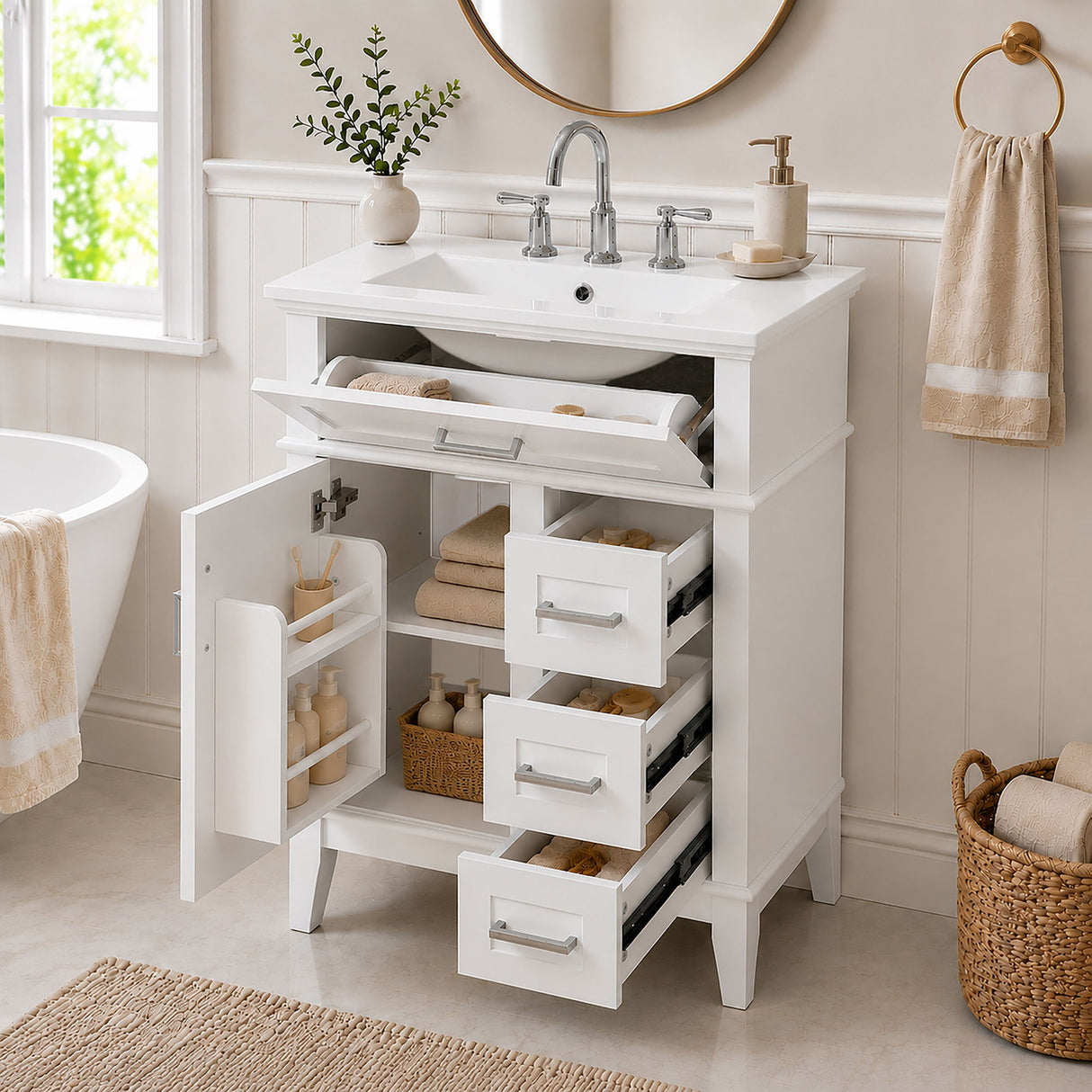 Modern Bathroom Vanity With Sink, Flip Drawer & 3 Drawers, Soft Close Hinges, Adjustable Shelf