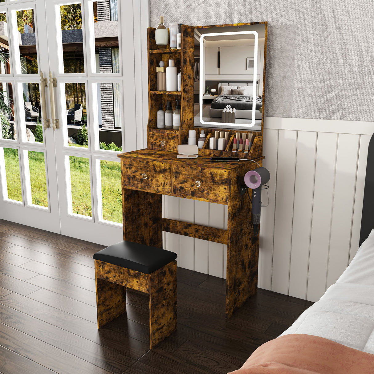 Modern Small Vanity Desk With 3 LED Lighting Modes, 3 Drawers