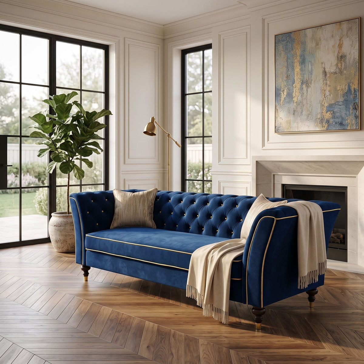 3 Person Sofa With Deep Seat, Tufted Backrest