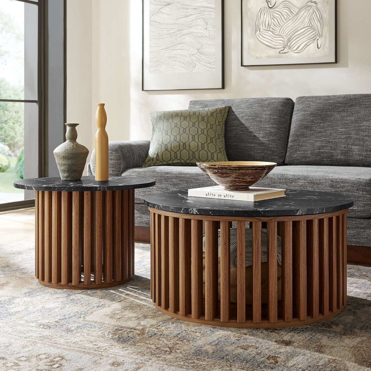 53 Inch Faux Marble Nesting Coffee Table Set in Walnut Black - Coffee Tables available at Alpine Outlets in Denver
