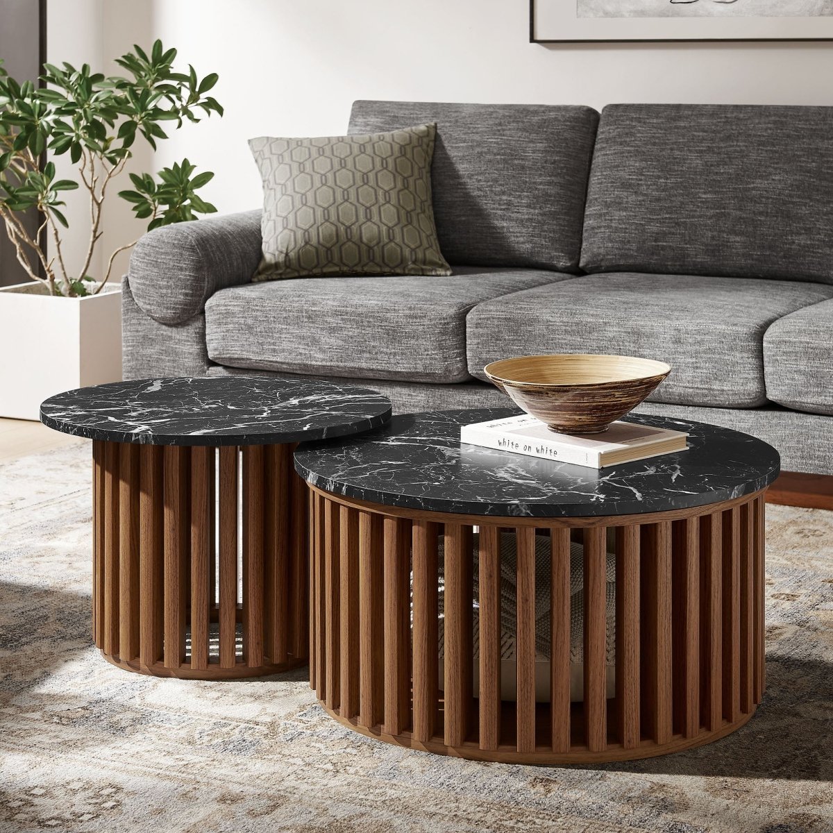53 Inch Faux Marble Nesting Coffee Table Set in Walnut Black - Coffee Tables available at Alpine Outlets in Denver