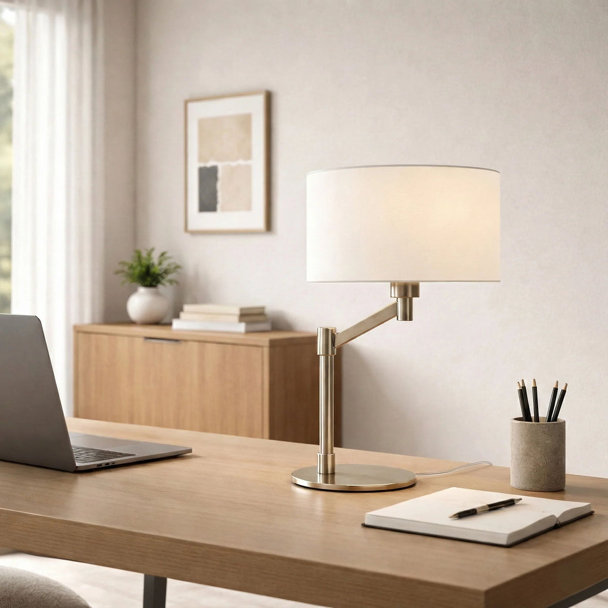 Horizon - Table Lamp With On / Off Switch Curved Base Linen Shade - Brushed Nickel / Silver / White