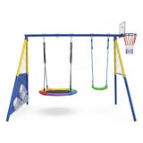 5 In 1 Kids Swing Set With Saucer Swing, Belt Swing, Basketball Hoop & Soccer Goal - Blue / Yellow