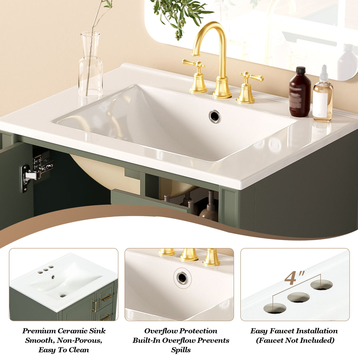 Modern Bathroom Vanity With Sink, Soft Close Doors, 3 Drawers