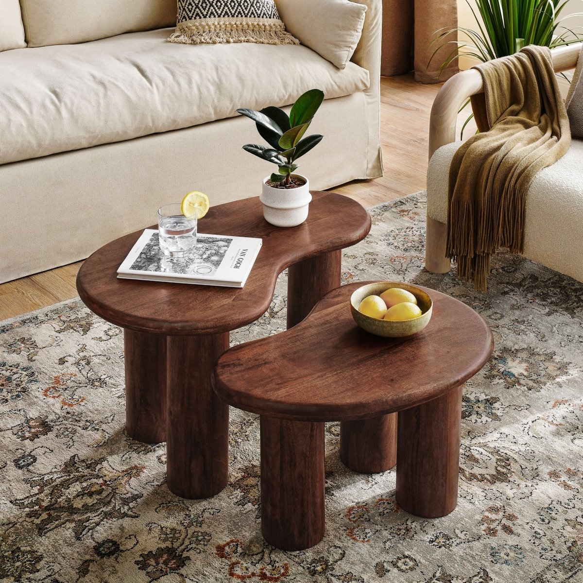 54 Inch Sculptural Kidney - Shaped Mango Wood Nesting Coffee Table Set - Coffee Tables available at Alpine Outlets in Denver