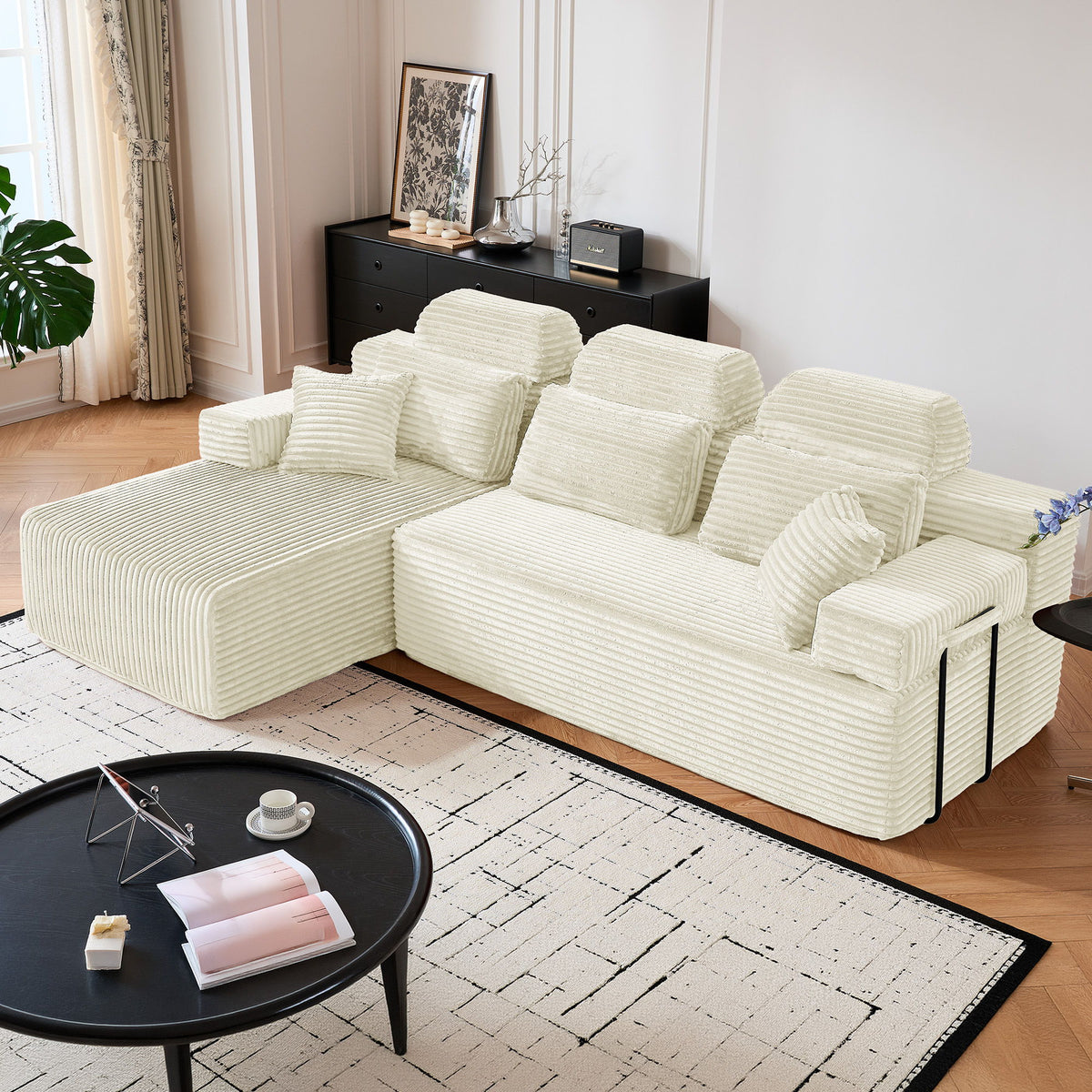 Sectional Sleeper Sofa & Storage Pockets, Modular Couch With Throw Pillows For Living Room