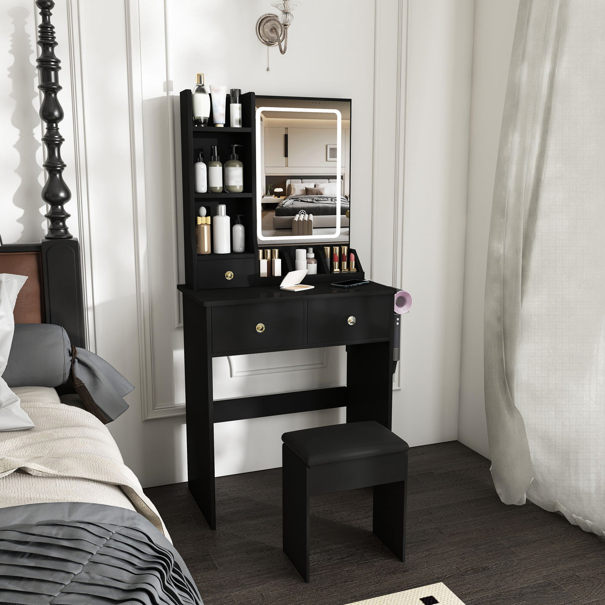 Modern Small Vanity Desk With 3 LED Lighting Modes, 3 Drawers