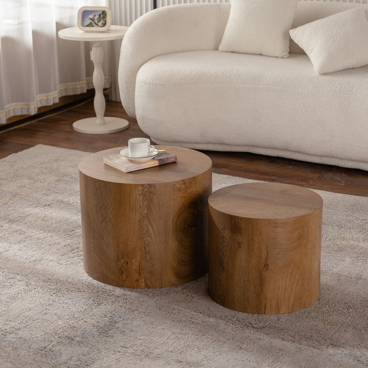 Round Nesting Coffee Table For Small Living Room (Set of 2) - Brown / Wood