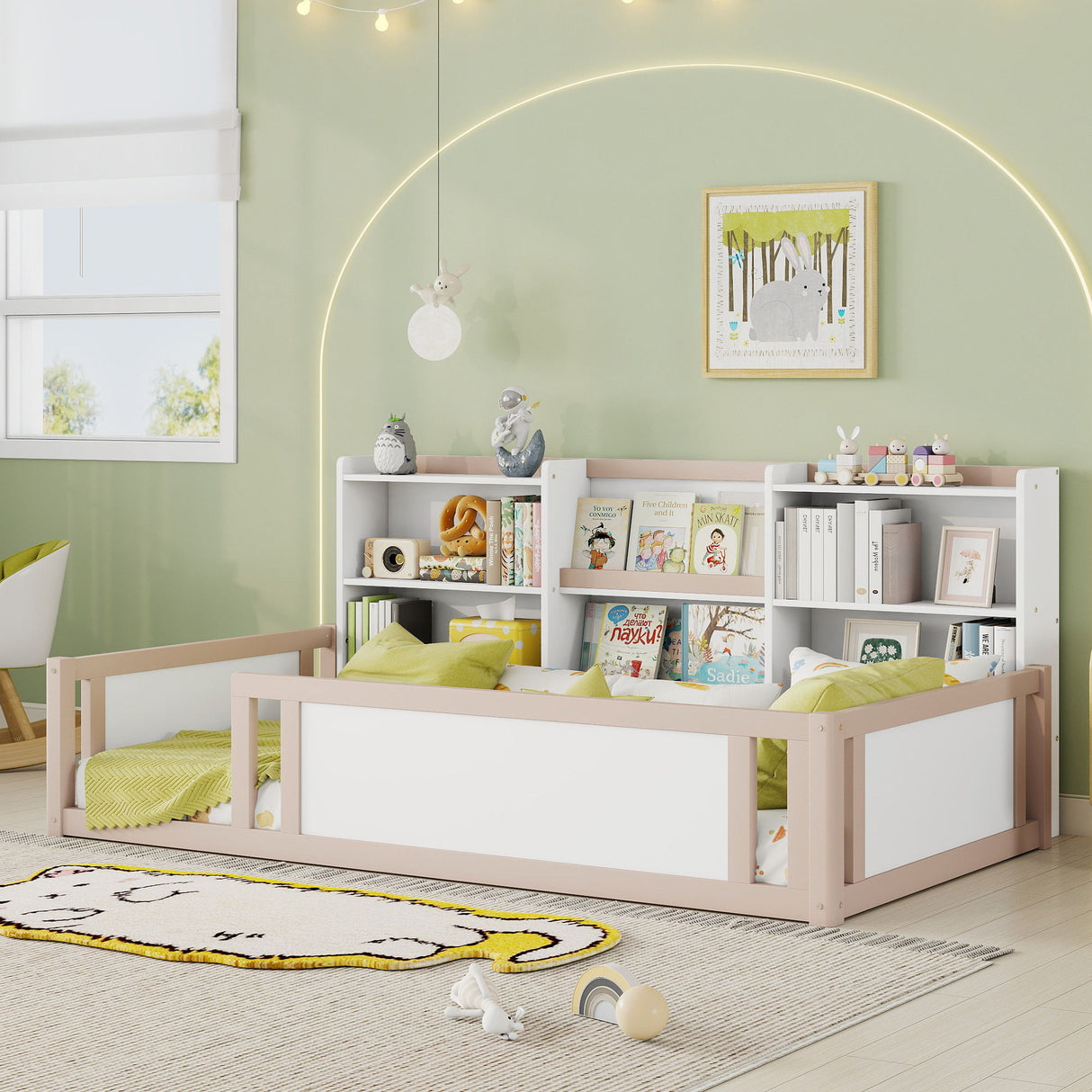 Platform Floor Bed With Guardrail Fence And Side Storage Shelves