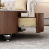 Round Coffee Table With 2 Drawers For Living Room - Walnut Brown / White / Multi