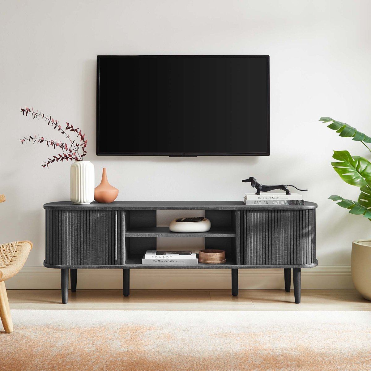 55 Inch Mid - Century Curved Beadboard TV Stand - TV Stands available at Alpine Outlets in Denver