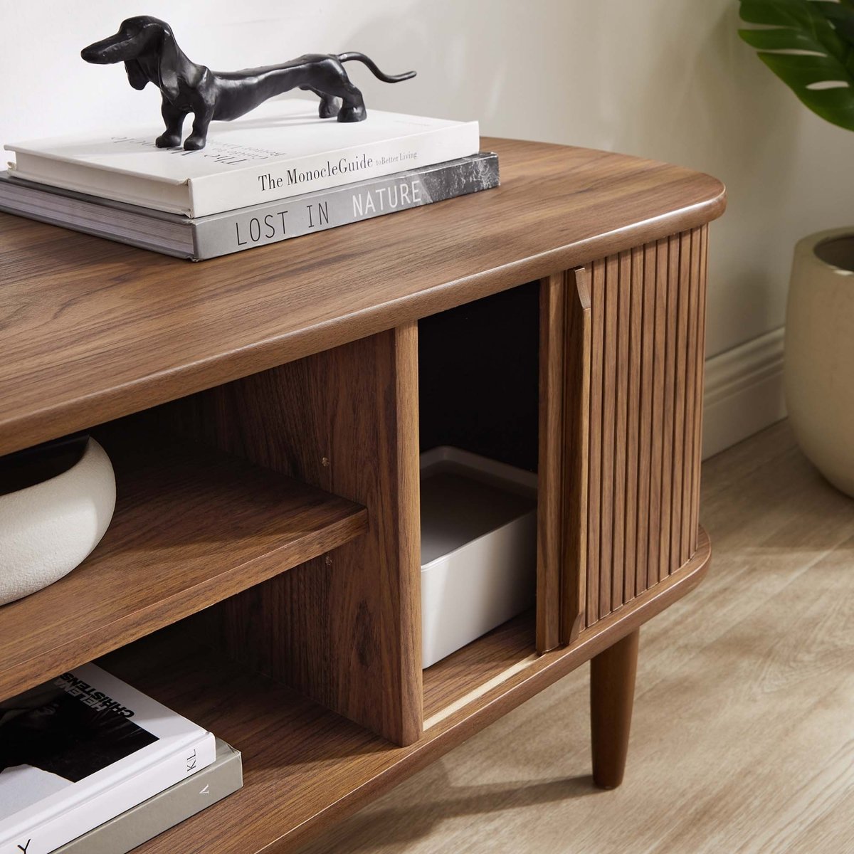 55 Inch Mid - Century Curved Beadboard TV Stand - TV Stands available at Alpine Outlets in Denver