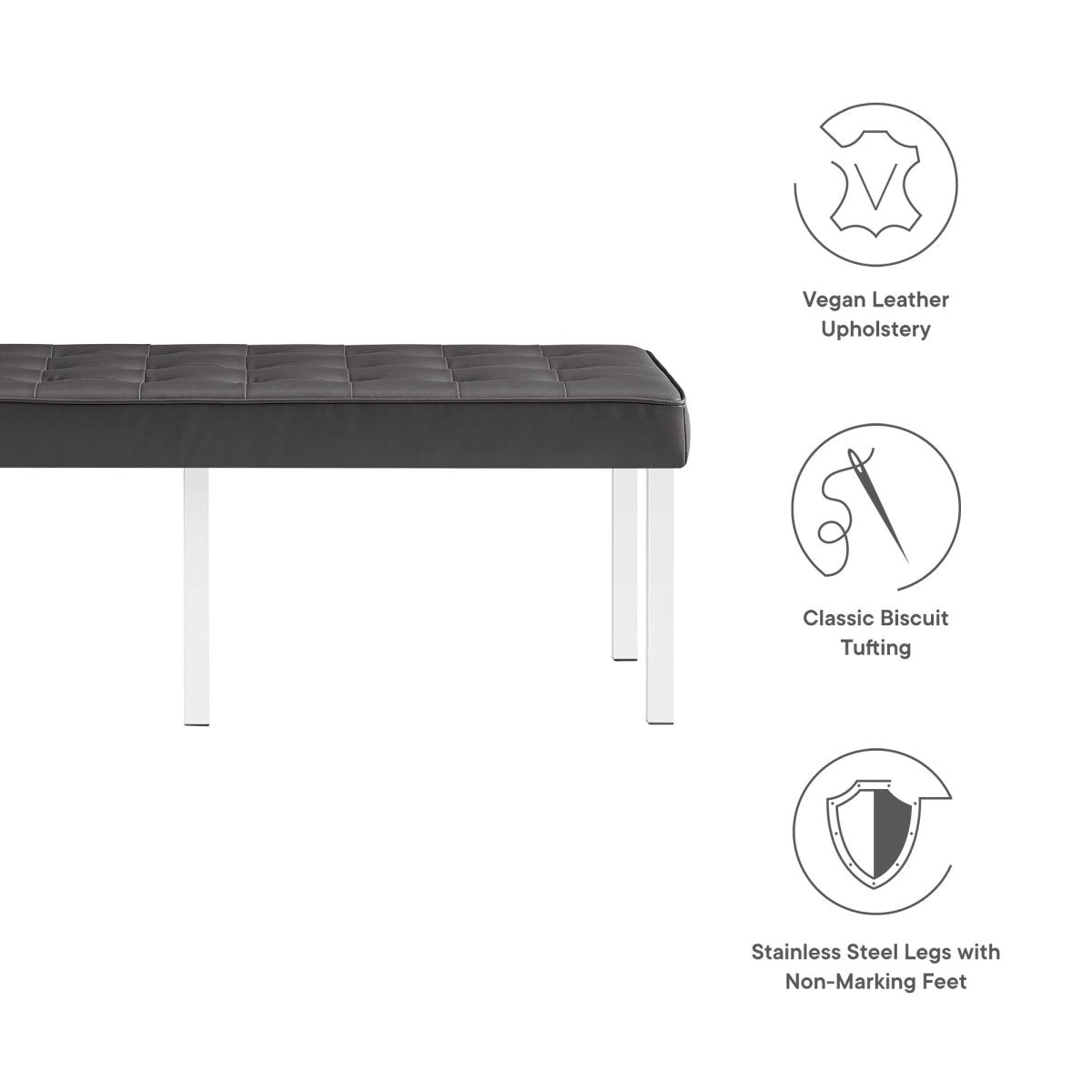55 Inch Tufted Vegan Leather Bench with Tubular Stainless Steel Legs - Benches available at Alpine Outlets in Denver