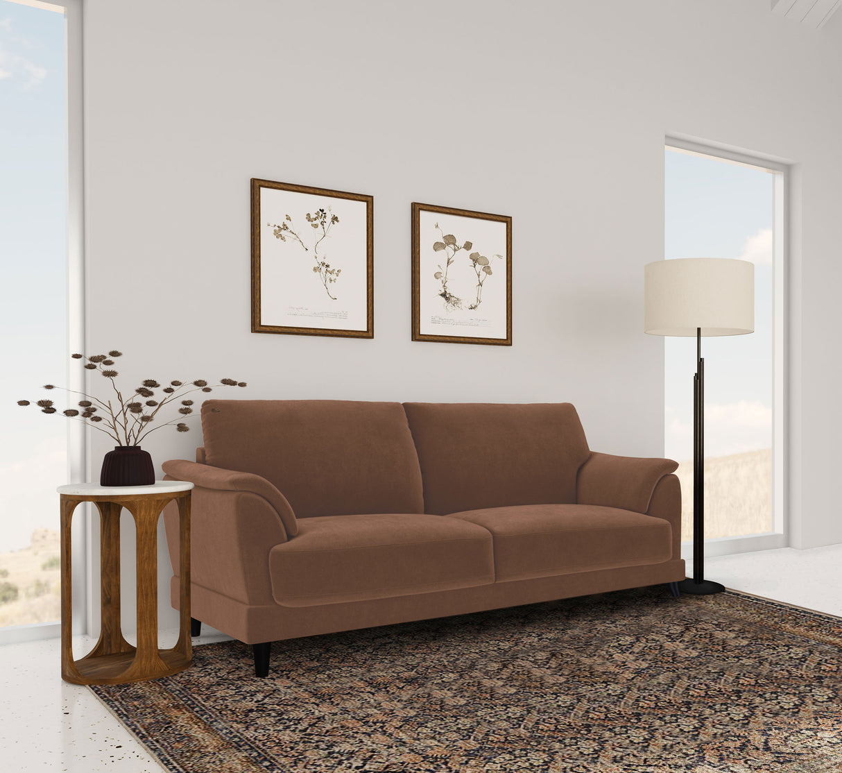Selma Velvet Upholstered Crescent Arm Sofa - Rust