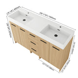 Double Sink Bathroom Vanity Set With Tall Linen Cabinet, 3 Drawers, Extra Large Storage, Integrated Sink, Freestanding Cabinet - Light Oak / White