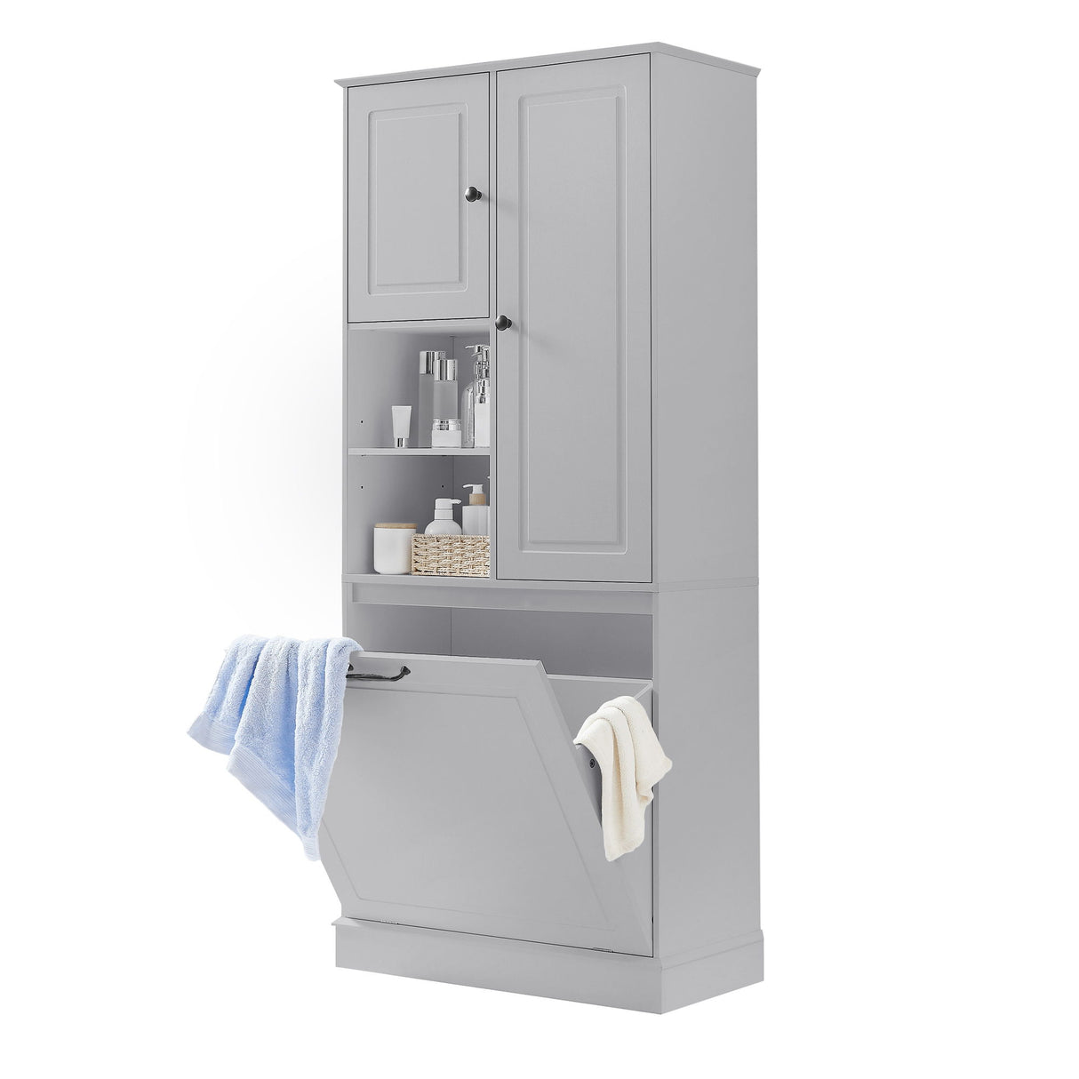Modern Tall Storage Cabinet With Adjustable Shelves, Flip-Out Basket & Enclosed Doors