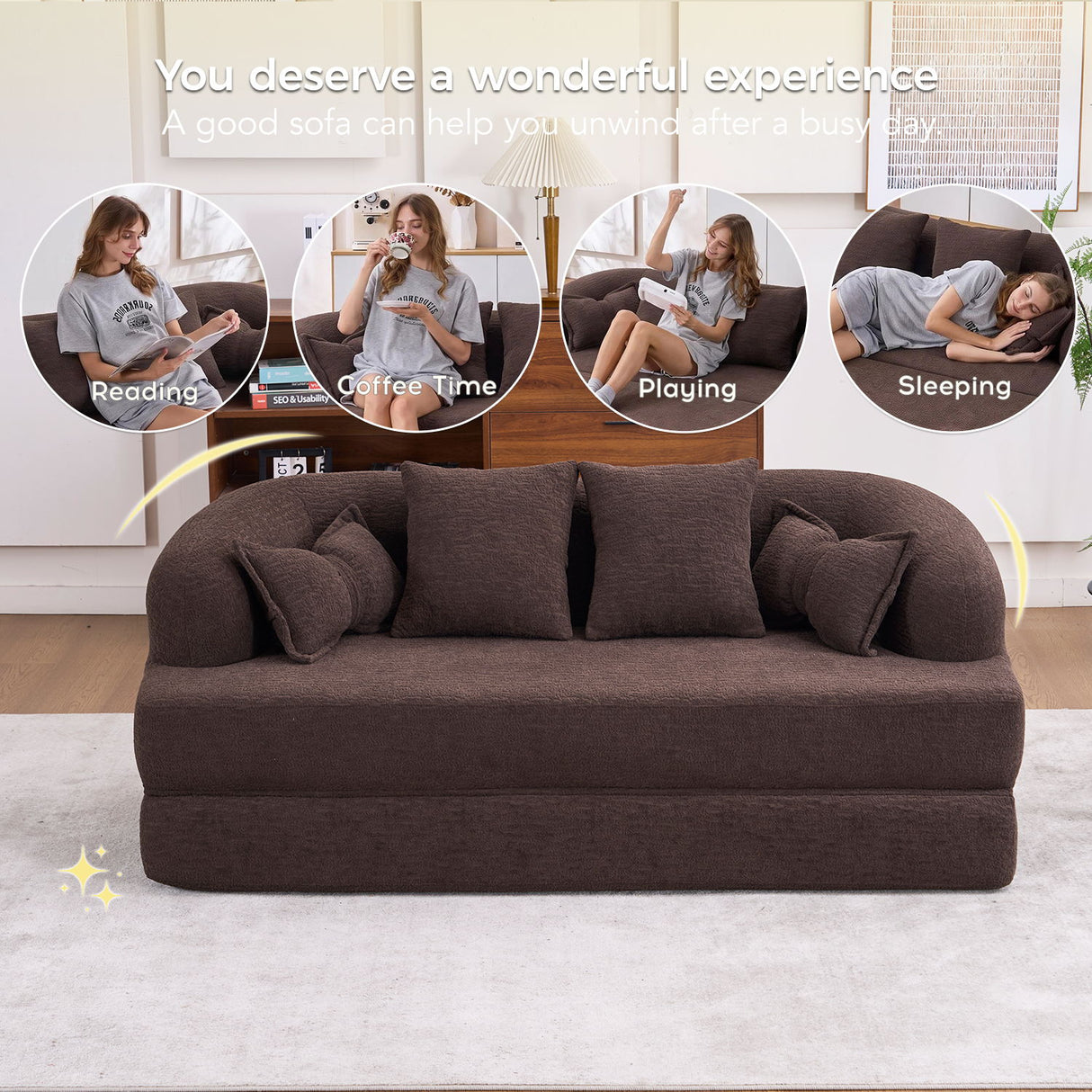 Foldable Sofa Bed, Boneless Couch Convertible Sleeper With 4 Pillows