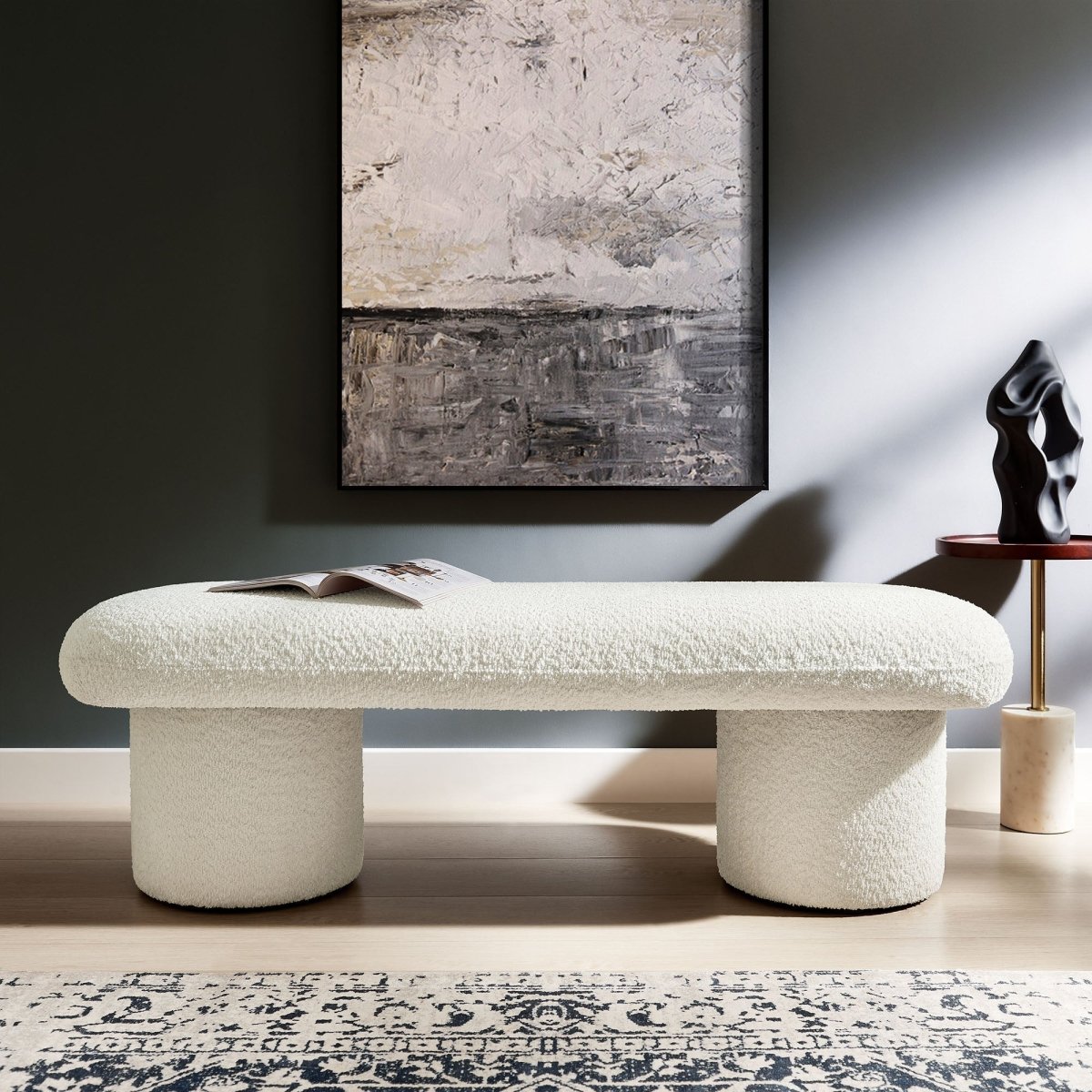 56 Inch Chenille Upholstered Bench with Cylindrical Legs and Overhang Seat - Benches available at Alpine Outlets in Denver