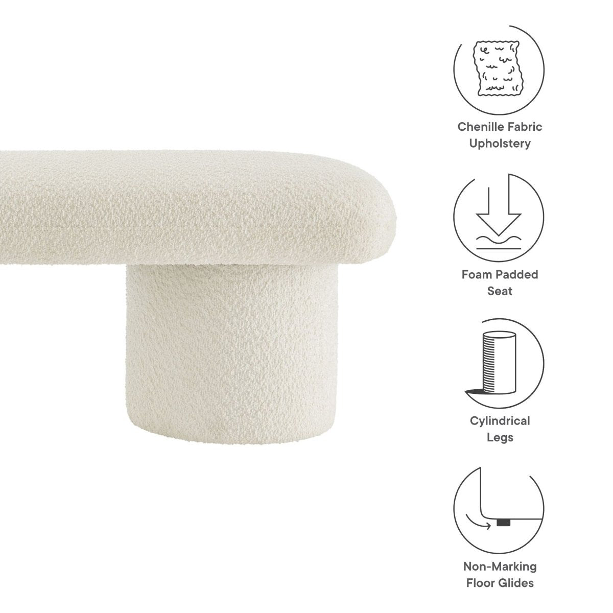 56 Inch Chenille Upholstered Bench with Cylindrical Legs and Overhang Seat - Benches available at Alpine Outlets in Denver
