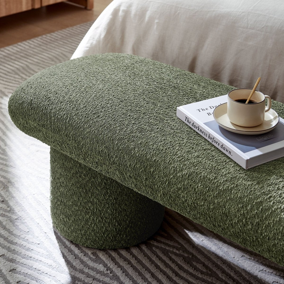 56 Inch Chenille Upholstered Bench with Cylindrical Legs and Overhang Seat - Benches available at Alpine Outlets in Denver