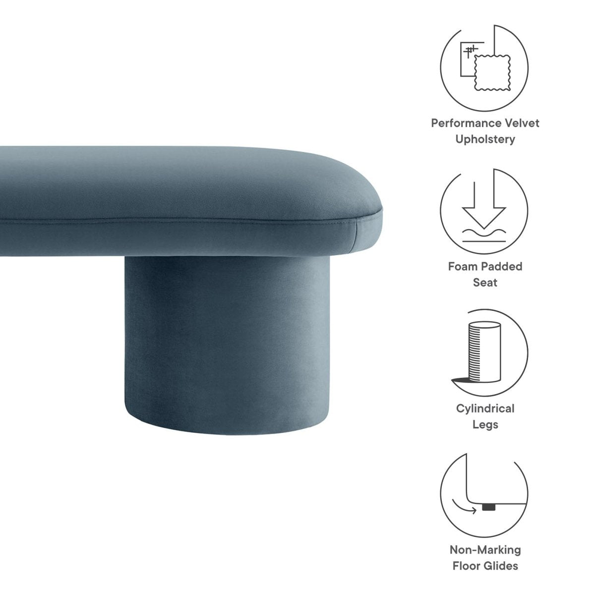 56 Inch Performance Velvet Bench with Cylindrical Legs and Overhang Seat - Benches available at Alpine Outlets in Denver