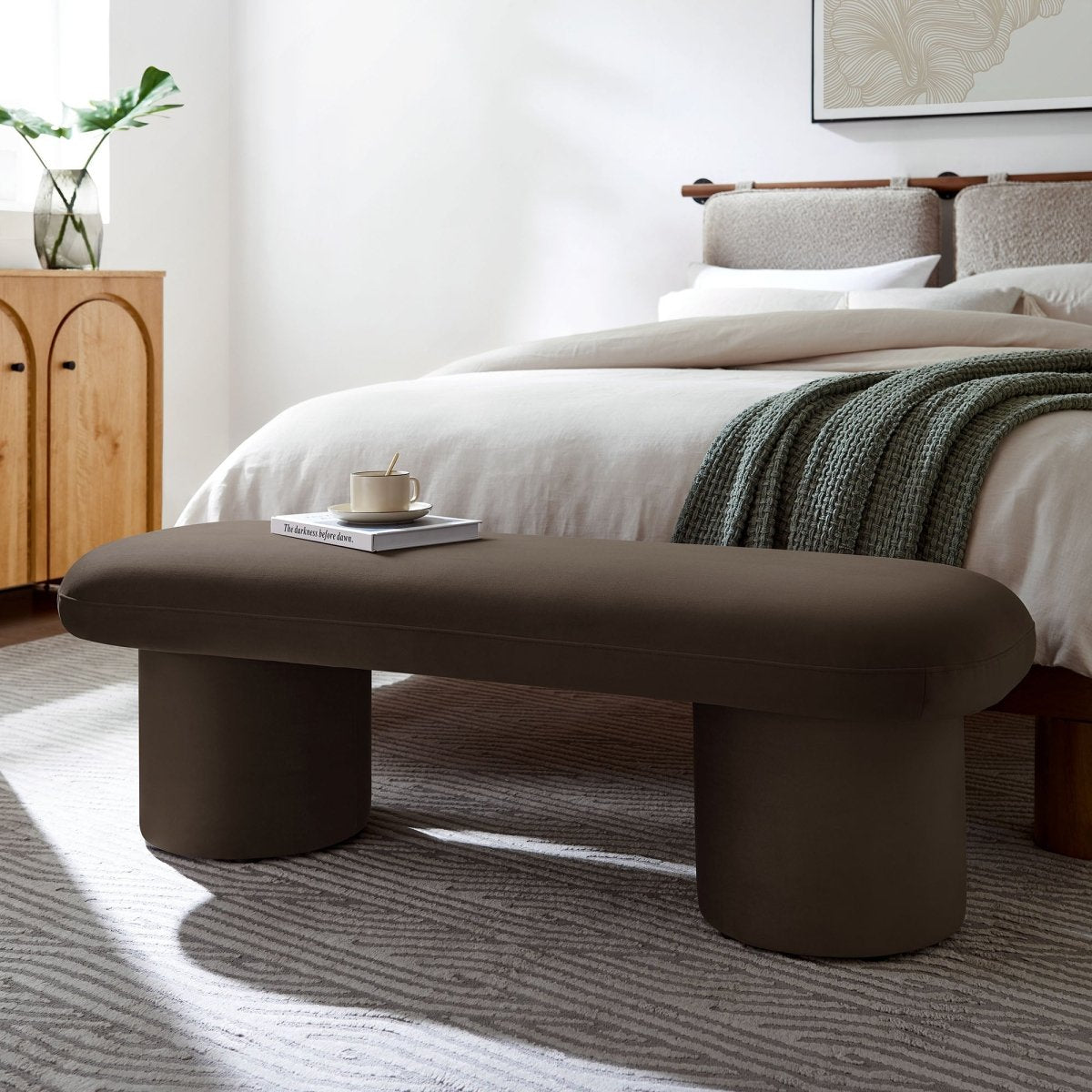 56 Inch Performance Velvet Bench with Cylindrical Legs and Overhang Seat - Benches available at Alpine Outlets in Denver
