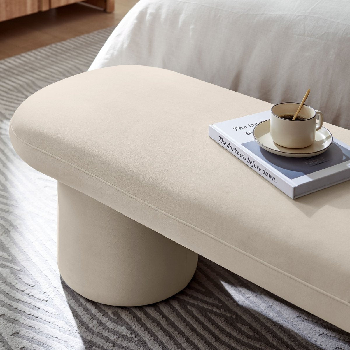 56 Inch Performance Velvet Bench with Cylindrical Legs and Overhang Seat - Benches available at Alpine Outlets in Denver