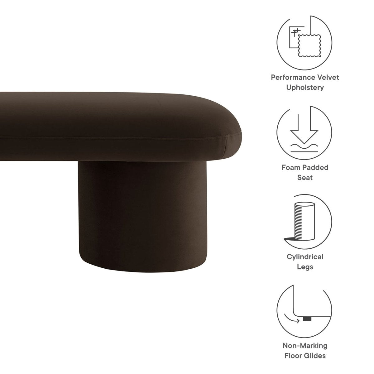56 Inch Performance Velvet Bench with Cylindrical Legs and Overhang Seat - Benches available at Alpine Outlets in Denver