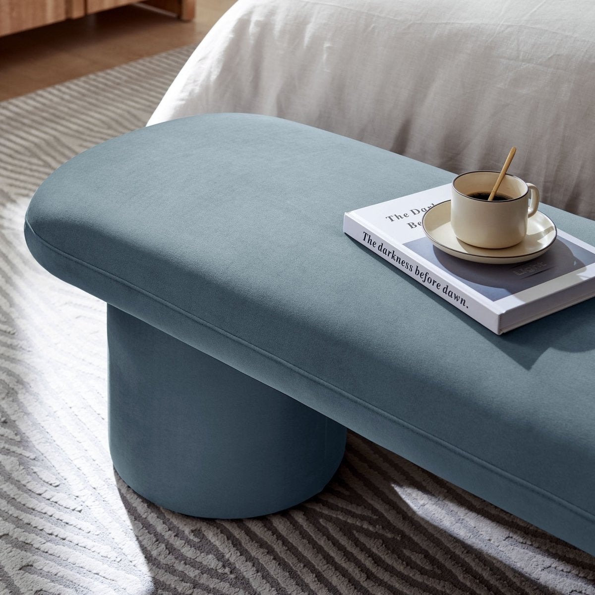 56 Inch Performance Velvet Bench with Cylindrical Legs and Overhang Seat - Benches available at Alpine Outlets in Denver