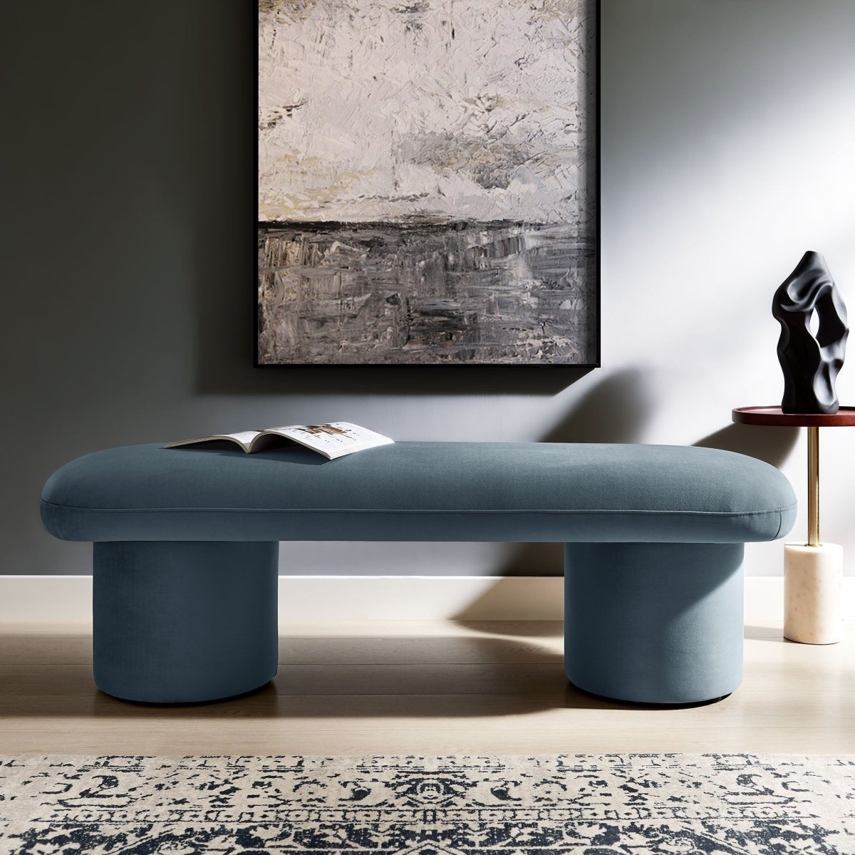 56 Inch Performance Velvet Bench with Cylindrical Legs and Overhang Seat - Benches available at Alpine Outlets in Denver