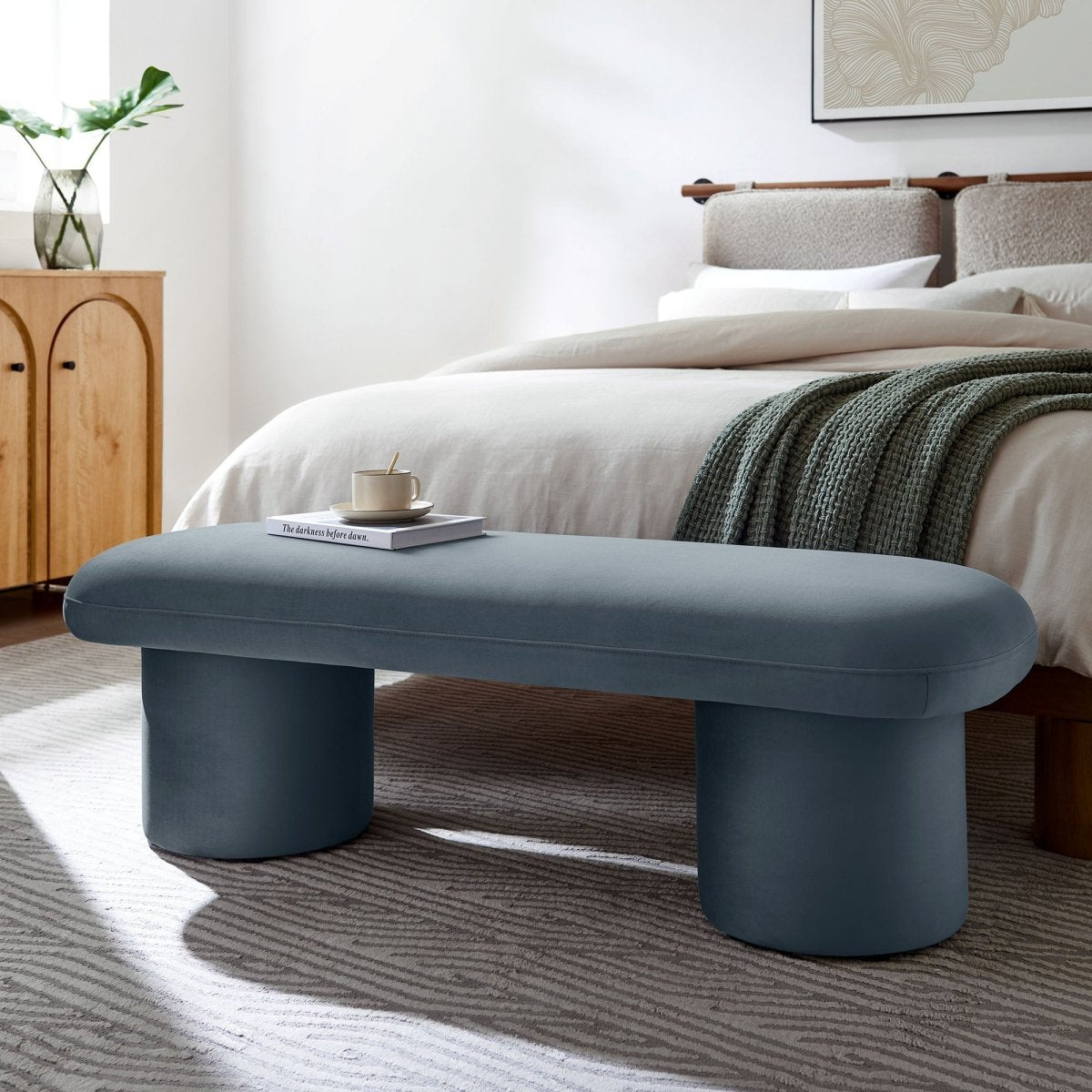 56 Inch Performance Velvet Bench with Cylindrical Legs and Overhang Seat - Benches available at Alpine Outlets in Denver