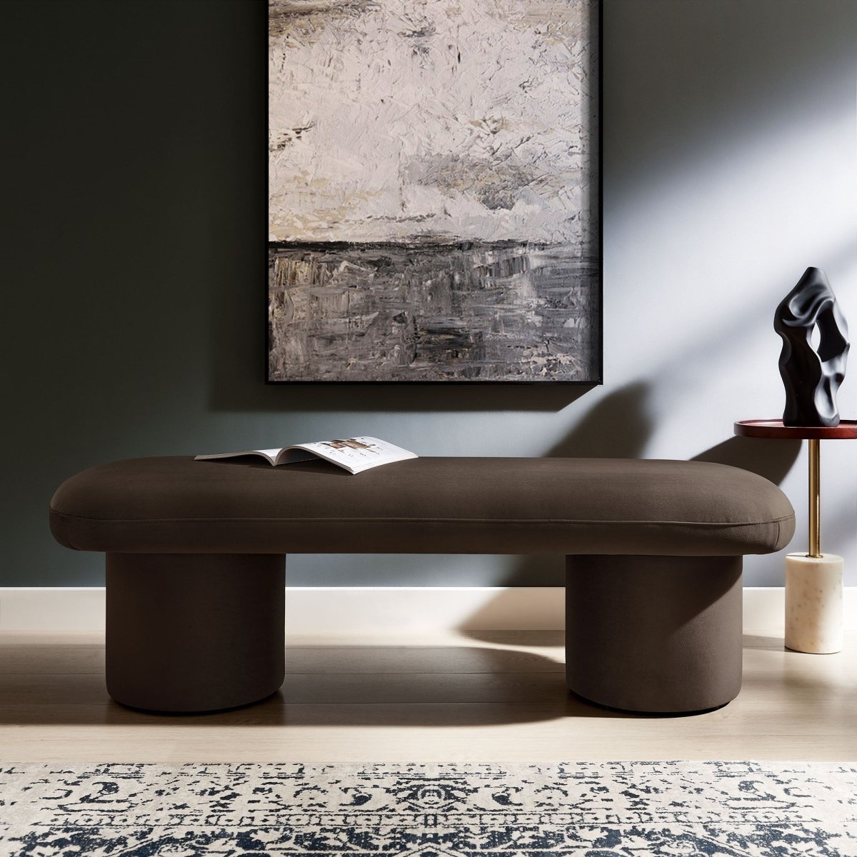 56 Inch Performance Velvet Bench with Cylindrical Legs and Overhang Seat - Benches available at Alpine Outlets in Denver