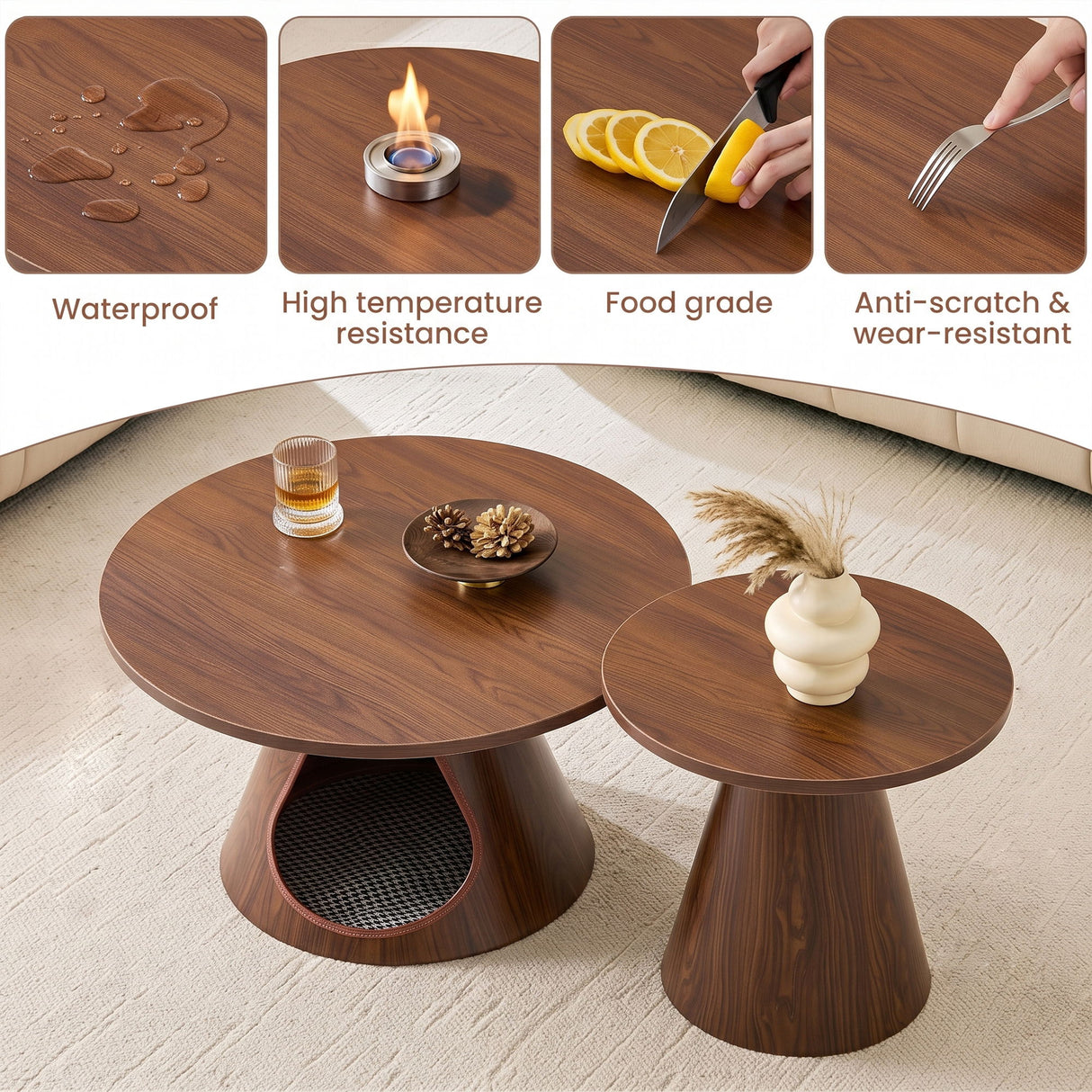Nesting Coffee Table With Integrated Cat Cave Bed (Set of 2) - Walnut