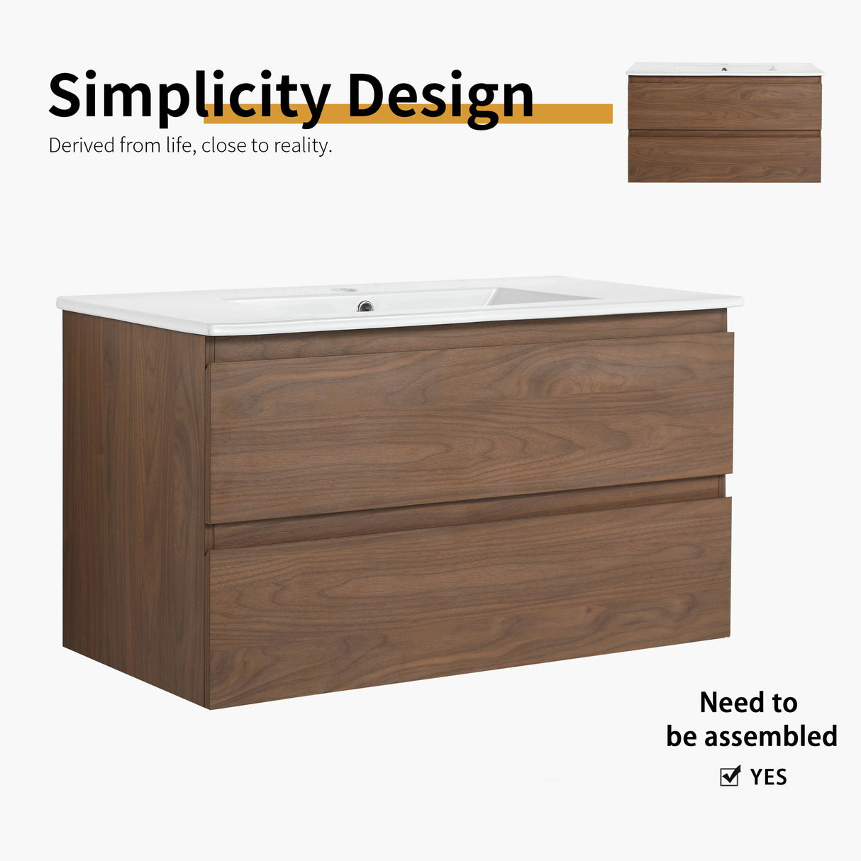 Wall Mounted Bathroom Vanity & Sink, 2 Soft Close Drawers