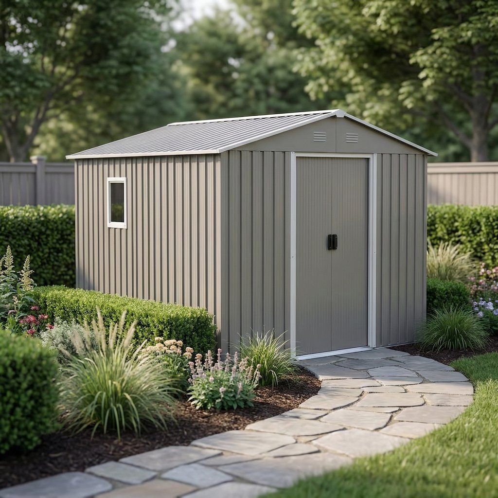 Outdoor Metal Storage Shed Garden Building with Window 8x10ft Gray