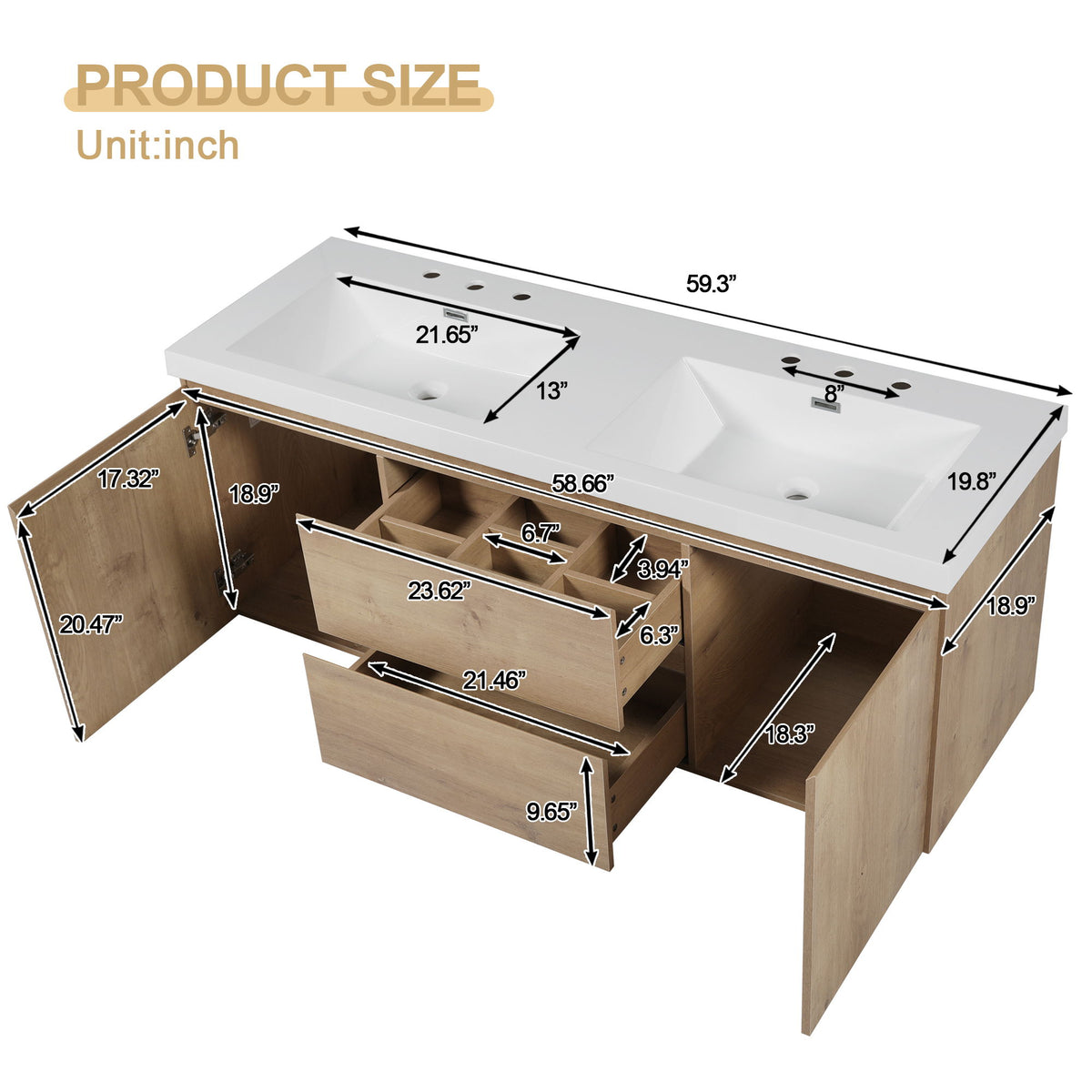 Double Sink Bathroom Vanity, Cabinet & Soft Close Doors, Divided Drawers, Wall Mounted Storage - Wood