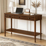 Console Table With Reeded Diamond Pattern Drawer Fronts, Open Storage Shelf For Living Room - Walnut