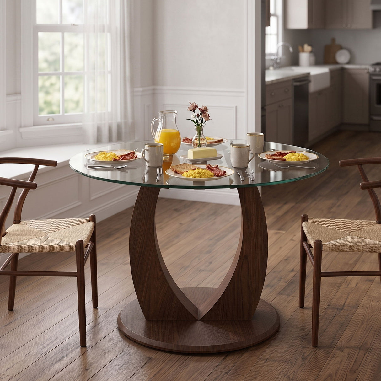 2 In 1 Round Glass Dining Table With Adjustable Curved Base, - Transparent / Walnut