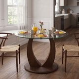 2 In 1 Round Glass Dining Table With Adjustable Curved Base, - Transparent / Walnut