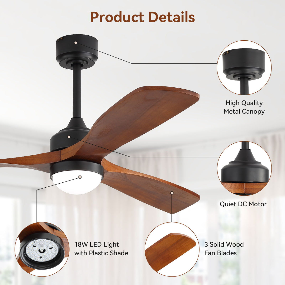 52" Ceiling Fan With Dimmable LED Light, 6 Speed DC Motor, 3 Blades
