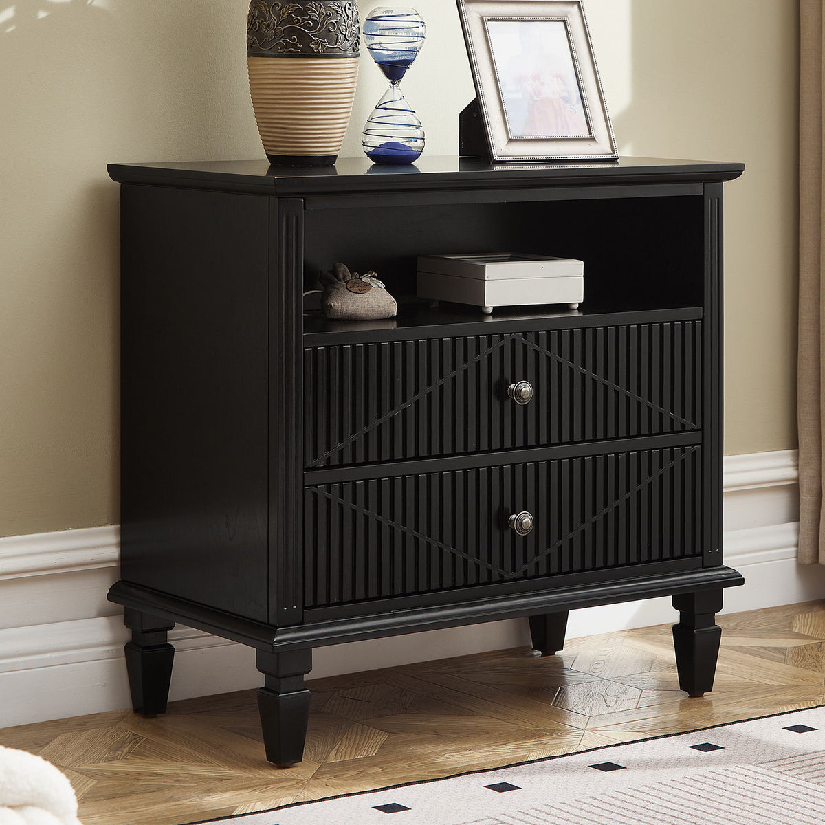 Nightstand With Charging Station, 2 Drawer Bedside Table - Black