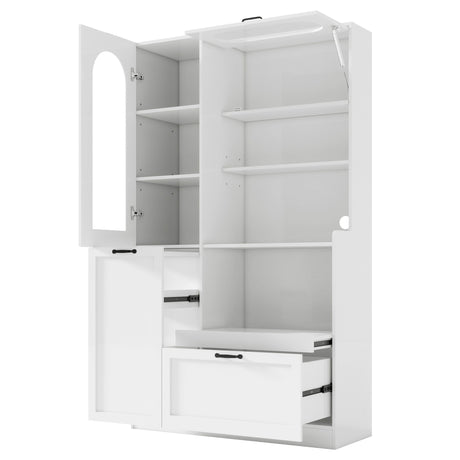 Tall Freestanding Kitchen Pantry Cabinet With Arched Glass Door