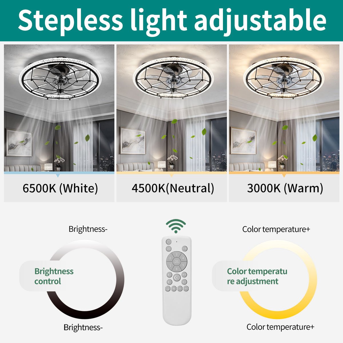 Caged Ceiling Fan With Remote Control Lights, 6 Speeds, 3 Color Temperature LED - Antique Black
