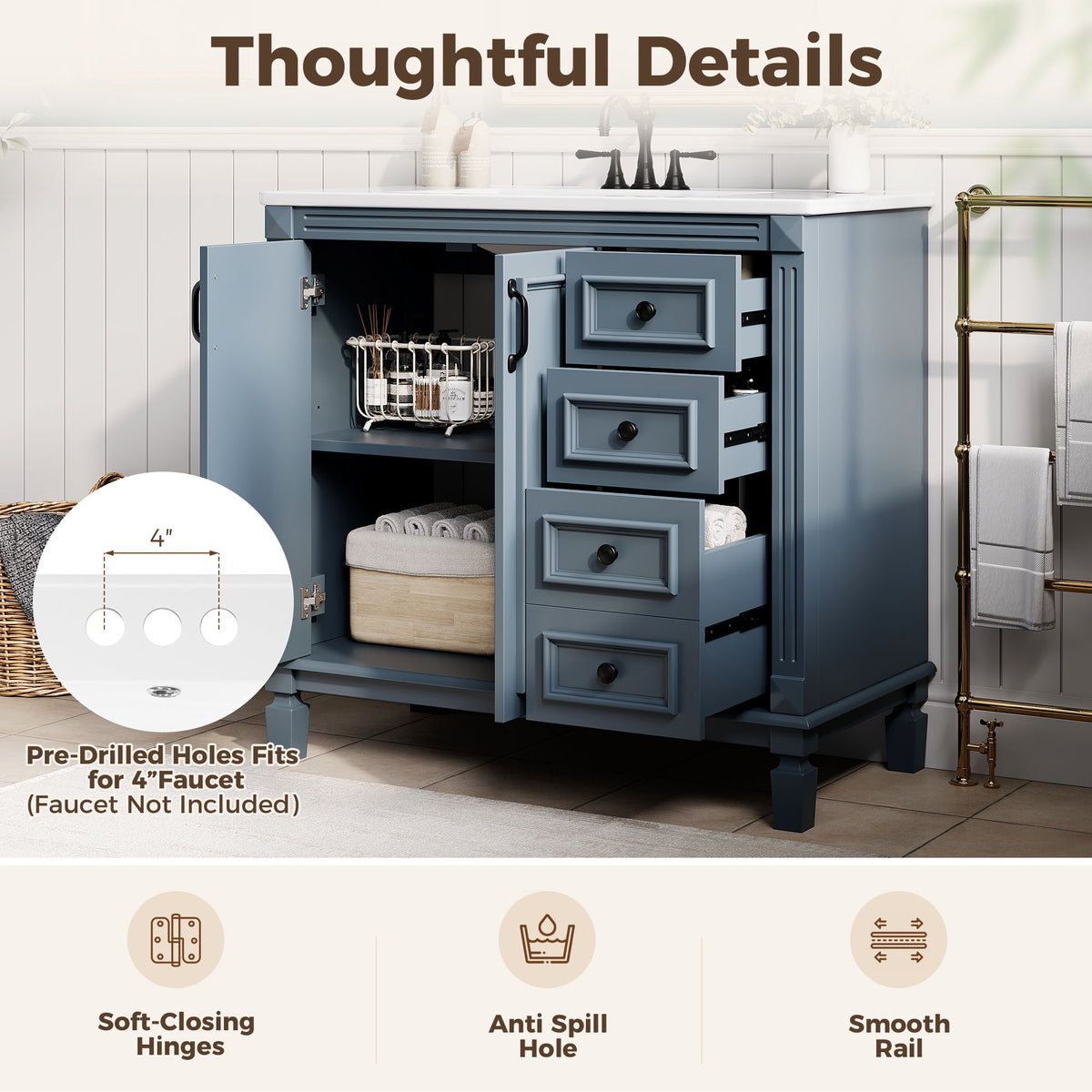 Bathroom Vanity With Sink And Storage, 2 Drawers, 1 Deep Drawer, Adjustable Shelf - Blue