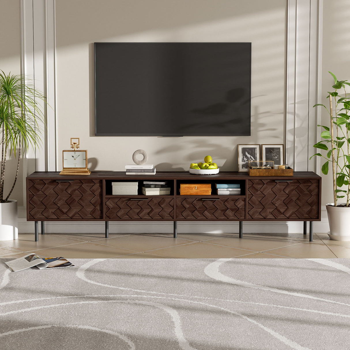 TV Stand For TVs Up To 85" With Closed Storage, Soft Closing Hinges, Living Room Entertainment Center - Walnut