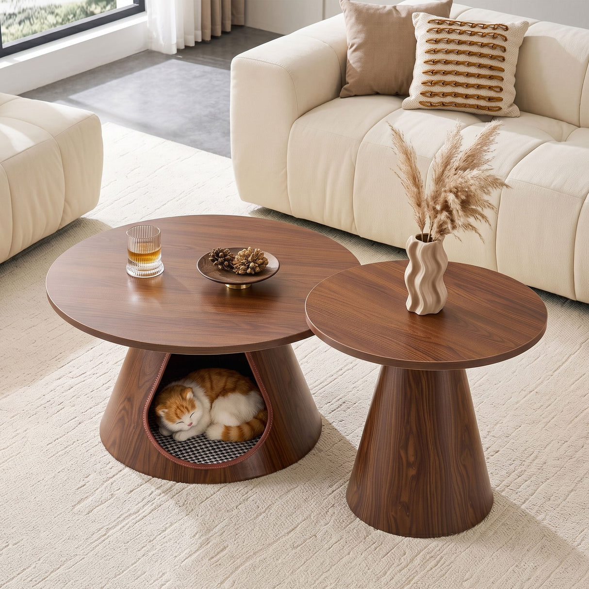Nesting Coffee Table With Integrated Cat Cave Bed (Set of 2) - Walnut