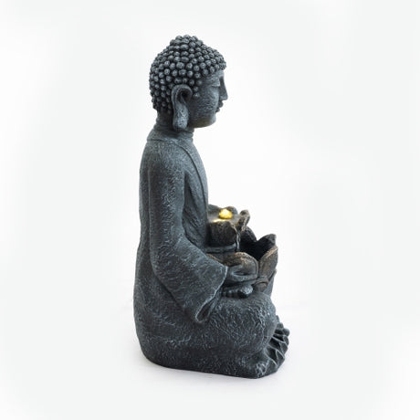 28" Height Zen-Style 2-Tier Meditating Buddha Water Fountain with Pump & LED Light, Outdoor Waterfall & Buddha Statue for Garden, Patio & Backyard