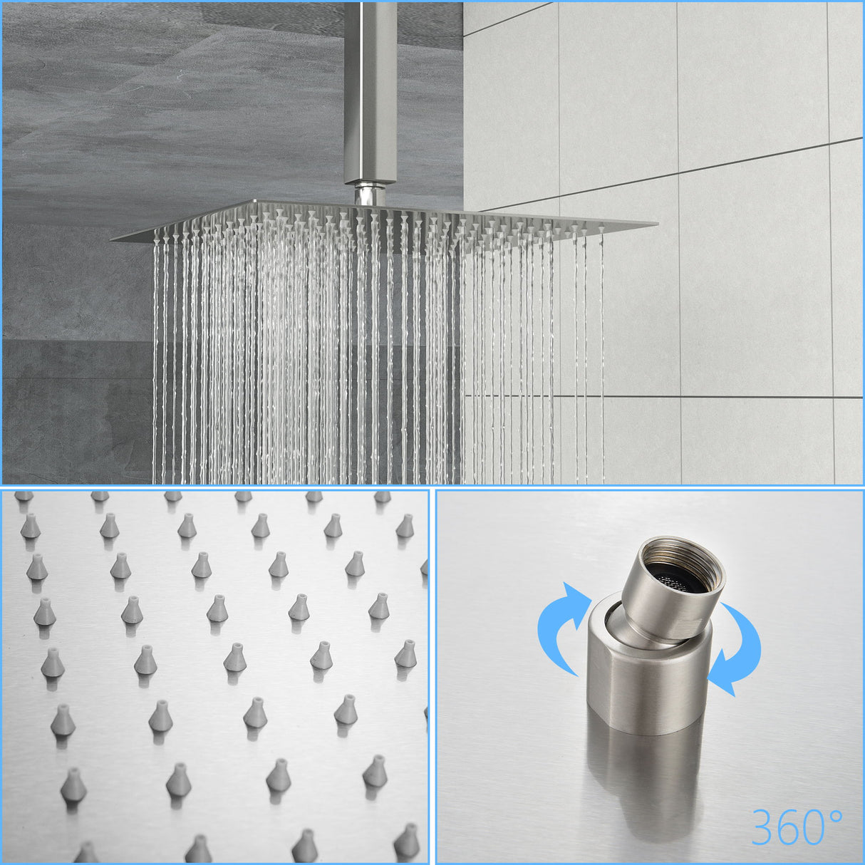 16" Square Rainfall Shower Head Fixed Wall Mount With Full Body Coverage & Self Cleaning Silicone Nozzles